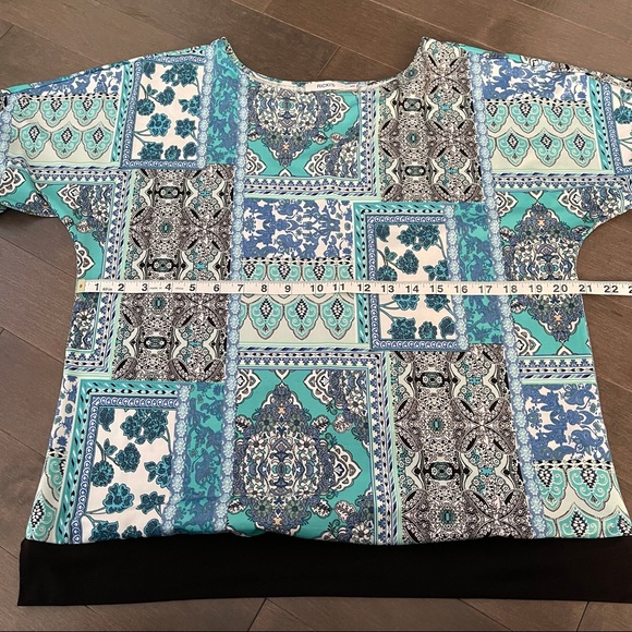 RICKI’S Women's Patterned Blue Green White Black 3/4 Sleeve Scoop Neck Top - Picture 4 of 6